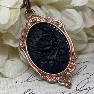 Gothic Steampunk Halloween Rose Gold Necklace Black Rose Cameo Witch Jewelry New